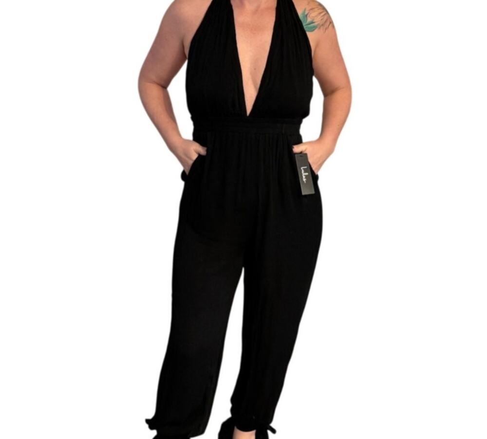 Lulus Black Open Back Halter Jumpsuit Flowy Tie Leg NWT Small Resort